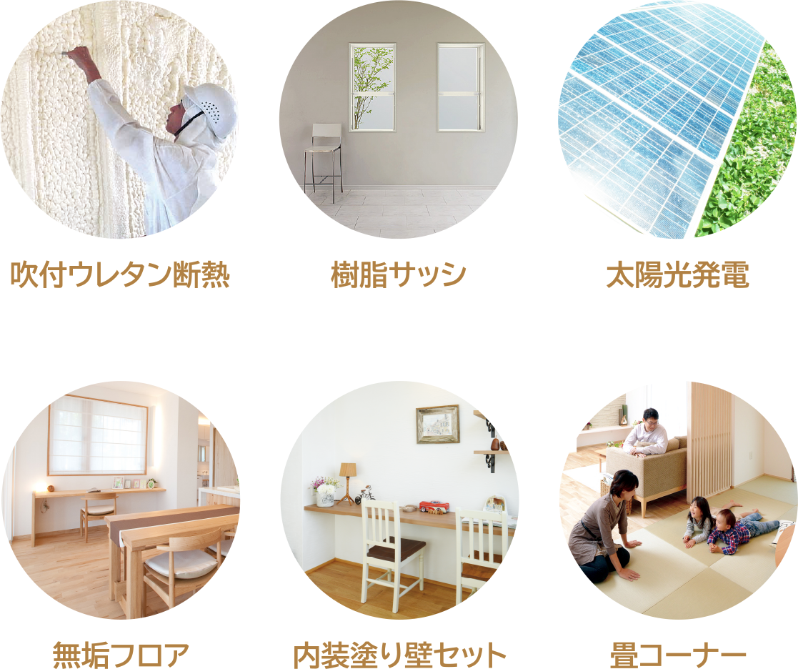 吹付ウレタン断熱｜樹脂サッシ｜太陽光発電｜無垢フロア｜内装塗り壁セット｜畳コーナー