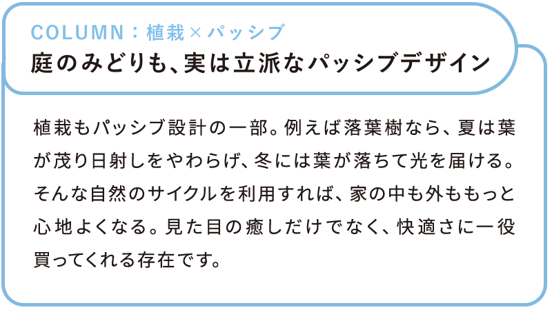 庭のみどりも、実は立派なパッシブデザイン　植栽もパッシブデザイン設計の一部。例えば落葉樹なら、夏は葉が茂り日差しを和らげ、冬には葉が落ちて光を届ける。そんな自然のサイクルを利用すれば、家の中も外ももっと心地よくなる。見た目の癒しだけでなく、快適さに一役買ってくれる存在です。