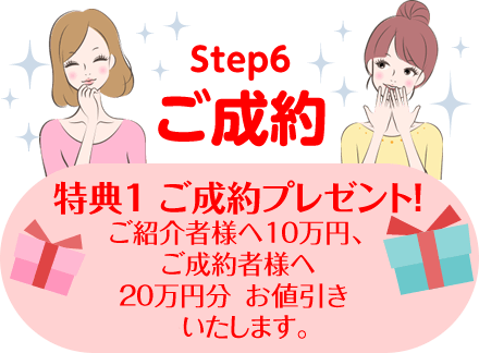 特典１ ご成約プレゼント！ご紹介者様へ10万円、ご成約者様へ20万円分の商品サービスをプレゼントいたします。